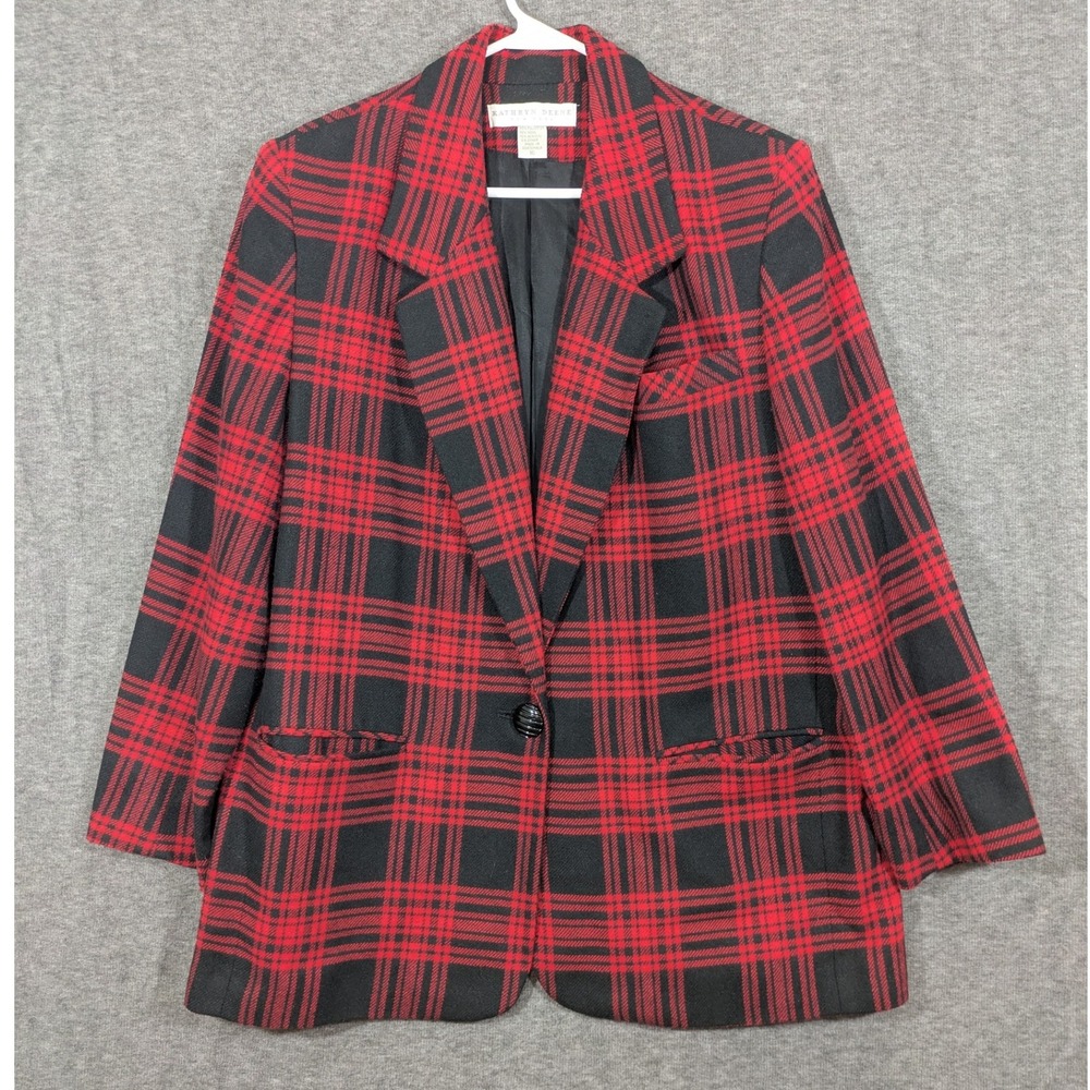 Vintage Kathryn Deene New York Red Black‎ Plaid Wool Blend Blazer Jacket Size 16